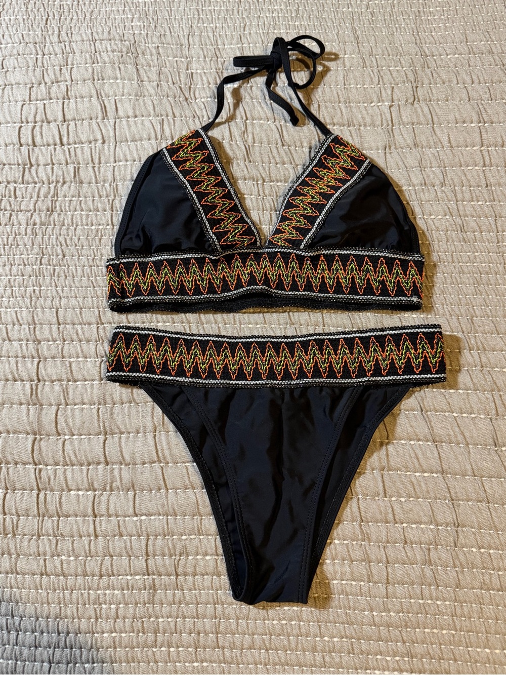 Boho Aztec Embroidered Halter Bikini Set - Size L